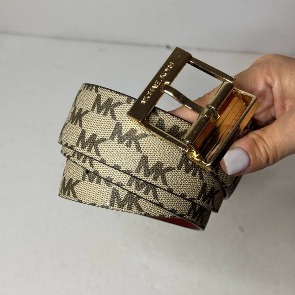 Michael Kors Reversible Leather MK Logo Belt Gold/Natural/Terracota